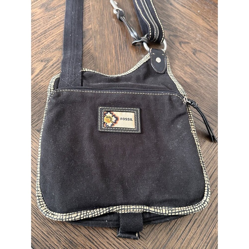 Fossil Black Crossbody Canvas Bag Embroidered Floral Patch & Adjustable …‎